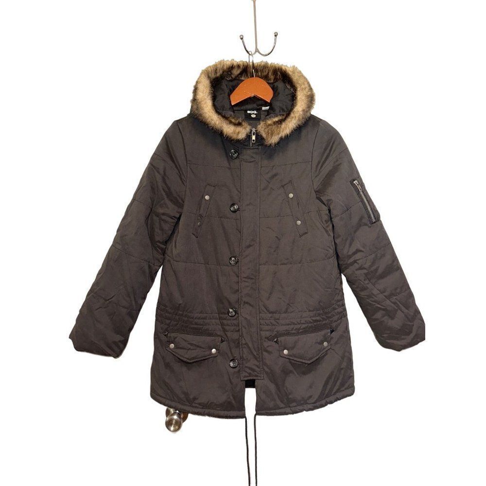 Urban Outfitters BDG Black Winter Utility Coat With Faux Fur Trimmed Hood Size M